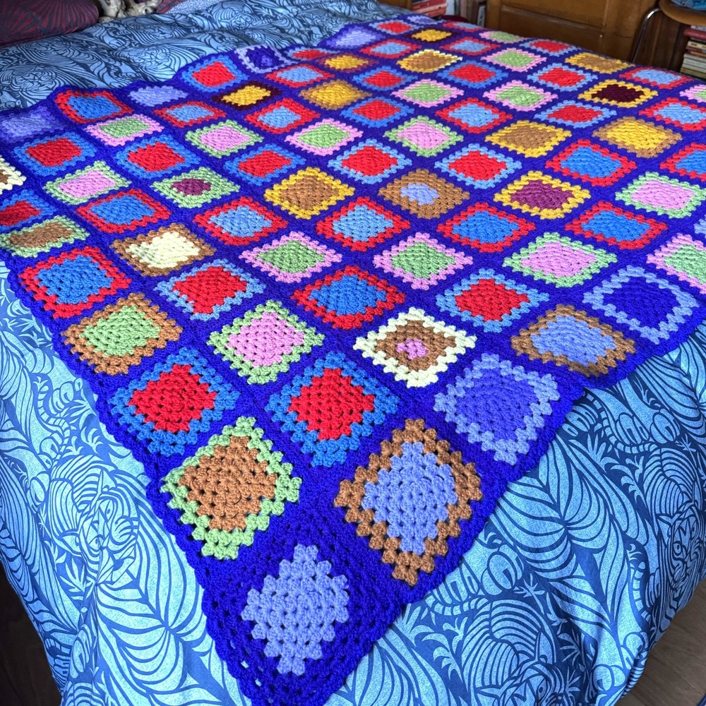 Crocheted Afghan Blanket Granny Squares Large Colorful Handmade 68" x  52" - Picture 4 of 4